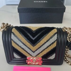 Chanel Black, Gold, and Silver Chevron Crossbody Bag